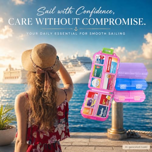 Image of 3 Pack Pill Organizers with Medicine Labels, Pink Blue Purple | 3 compact pill cases with 3x161 medicine labels for 7-day planning, vitamins, travel, family use, and separate routines