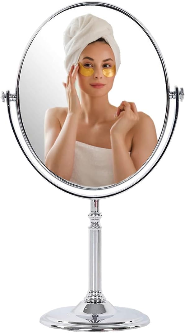 Makeup Mirror|Magnifying Glass Mirror Makeup|Double Side Magnification|Tabletop Vanity Hand Mirrors Stand|5X And 1X|(Men&Women-Silver, Oval, Framed)
