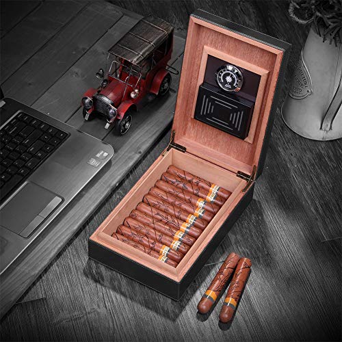 Cigar Humidor, MEGACRA Leather Surface Cedar Wood Lined Humidor with Hygrometer and Humidifier, Hold 10-20 Cigars
