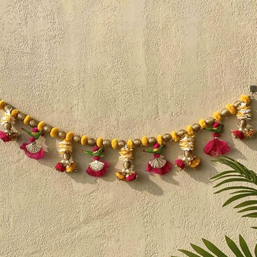 Image of Kaameri Bazaar Traditional Handmade toran|Multicolor String with gota pom pom, Parrot and Beads|for Diwali Decorations Items Fancy Decorative Garland Door Hanging, Bandarwal, Toran, 42 Inch
