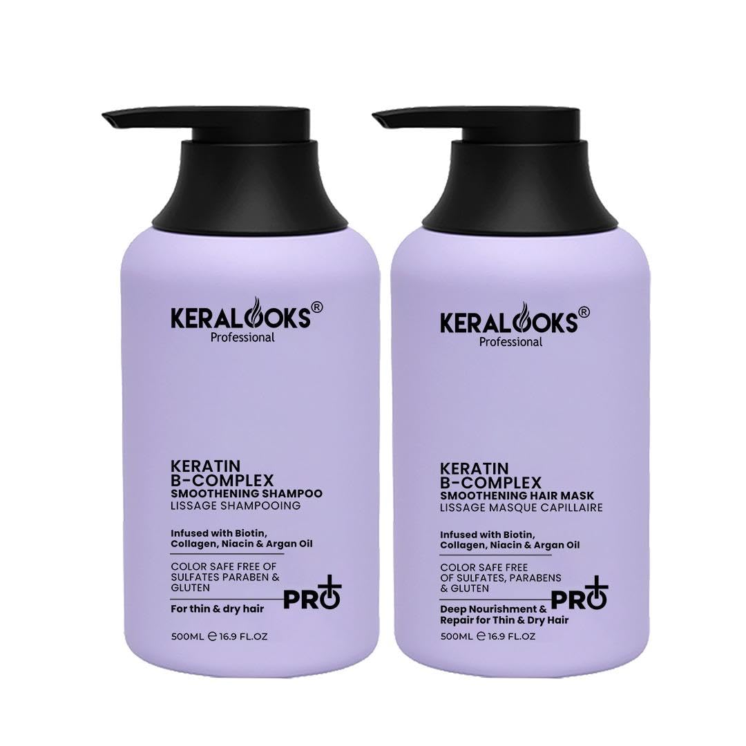 Keratin B-Complex Smoothing Shampoo & Hair Mask Combo 500ml Each | With Biotin, Collagen, Niacin & Argan Oil | Sulfate & Paraben-Free | Color Safe Care for Thin, Dry & Frizzy Hair-image-39