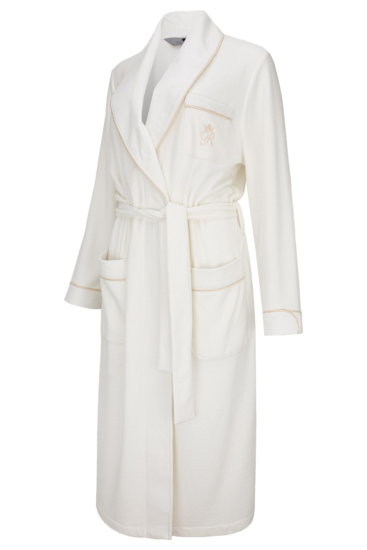 RE-650 Damen Morgenmantel, Hausmantel, Bademantel aus 80% Viskose, kuschelig weich und warm, elegant, Ecru