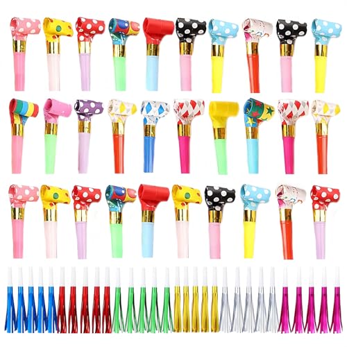 TICKLELY 60 Piezas Silbatos para Despedida de Soltera, Aniversario y Fútbol - Trompetas de Animación, Petardos, Matasuegras y Juguetes Ruidosos