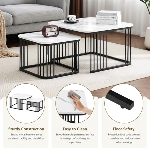 Image of Square Nesting Table Set of 2 - Marble MDF Top Coffee & Side Tables with Iron Frame for Living Room, Bedroom & Home Decor (Black & White, L-51x48 cm, S-41x41 cm)