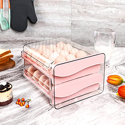 Rubtlamp Pink Plastic Egg Holder, Egg Storage Container For Refrigerator, 2-Layer Drawer Type Egg Fresh Storage Box With Handles, Stackable Plastic Egg Tray Holds 40 Eggs,For Mother's Day #TOP3