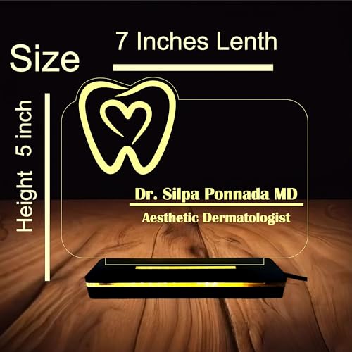 Image of PRINTKART Doctors Name and Designation Personalised LED 3D Illusion Lamp Gift for Doctor Laser Cut Acrylic Transparent Material 7 x 5 Inches Dentist New with Wooden Base