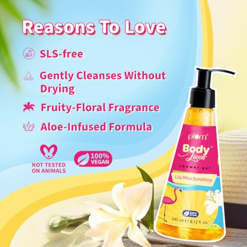 Image of Plum BodyLovin' Lily Miss Sunshine Shower Gel | SLS Free Body Wash For Women | Long Lasting Fresh Fruity-Floral Fragrance | Aloe-Infused Nourishing Body Cleanser For Soft & Smooth Skin | 240ml