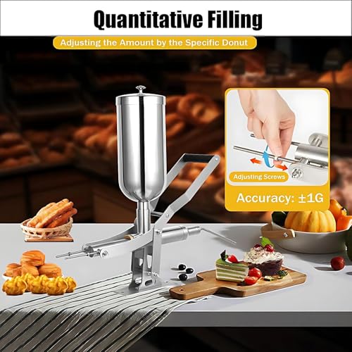 Máquina de llenado de donas, máquina de llenado de mermelada de churro con 4 boquillas, equipo de llenado de crema comercial con cantidad de llenado ajustable ± 1 g de precisión