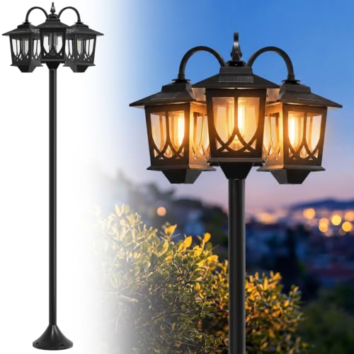 Joyoowild 3-Head Solar Lamp Post Light, 73' Aluminum Solar Light Posts for Outside Waterproof, 90Lm Solar Post Lights Outdoor for Patio, Backyard, Front Porch Decor, 3000K Warm LED, Replaceable Bulb