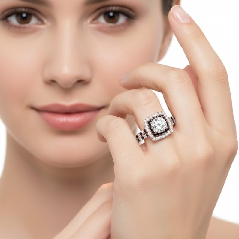 Image of 55Carat Choose Your Gemstone Double Band Square Halo Diamond CZ Ring 18K Rose Gold Plated Round Shape Halo Engagement Rings Everyday Jewelry Wedding Jewelry Handmade Gifts for Wife US Size 4 to 12