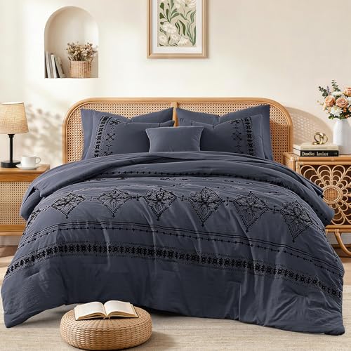 Image of MaiReve Queen Comforter Set Embroidery Floral 7 Pieces Bed in a Bag