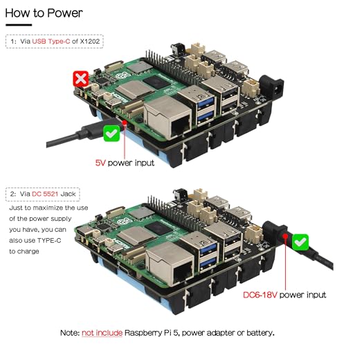 Geekworm X1202 4-Cell 5V UPS Shiled for Raspberry Pi 5| Max 5.1V 5A Output|Wide 6-18V Input|Auto Power On|Safe Shutdown|Power Loss Detection