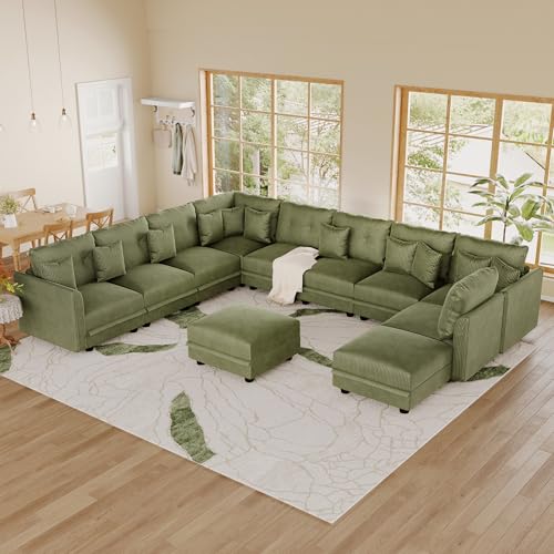 Image of LLappuil 11-Seat Modular Sectional Sofa with Storage, Oversized V-Shaped Corduroy Couch with 10 Throw Pillows, Pet-Friendly Convertible Pit Sofa for Large Living Room, Skin-Friendly, Green