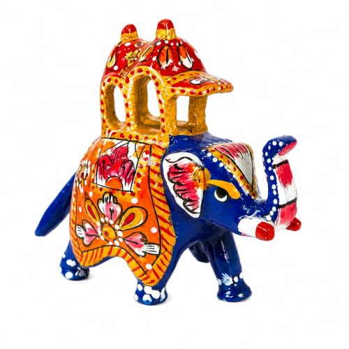 Image of eCraftIndia Handcrafted Elephant Ambari Decorative Showpiece for Home Decor | Traditional Rajasthani Hand-Painted Elephant Figurine with Howdah | Tabletop & Living Room Decoration