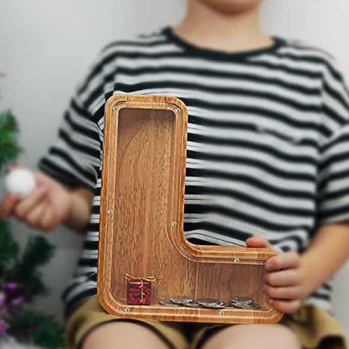Image of Piggy Bank for Kids Boys Girls, Large Personalized Wooden Letter Piggy Bank with Cut-Out Design, Alphabet Letter Coin Banks, Money Savings Box, Wooden Bank for Kids Creative Gift for Real-Money(L)