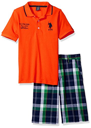 U.S. Polo Assn. Boys' Big Embellished Pique Polo Shirt and Plaid Short, 10