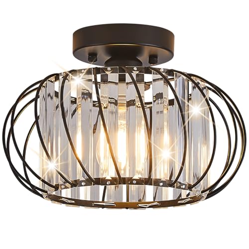 Semi Flush Mount Crystal Ceiling Light, 11 Inch Metal Cage Hallway Ceiling Lamps, Farmhouse Ceiling Light Fixture, Industrial Crystal Chandelier for Corridor Bathroom Kitchen (E26, Black, 11 Inch) by Vechoicy - Used condition - US$31.56
