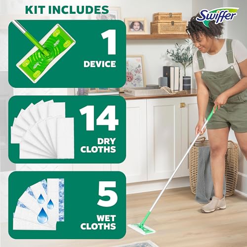 Swiffer Sweep + Mop, Broom & Mop Alternative, Dry & Wet Floor Cleaner for Dirt, Dust, Hair, All Purpose Cleaning Tool for Home, Bathroom, Kitchen, Set Includes 1 Sweeper, 14 Dry Pads, 5 Wet Pads Fresh by Swiffer - Image 5
