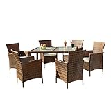 Melko Essgruppe Set aus Rattan – Gartengarnitur mit 6 Stühlen und Gartentisch mit Glasplatte Sitzgarnitur mit Polster, Sitzgruppe, Gartenmöbel für Balkon, Rattanmöbel