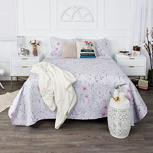 Southshore Fine Living, Inc. Oversized Bedding Quilt Set Lightweight, Coverlet Bedspread 3-Piece Boho Floral Set With Two Matching Shams (98 In Wide X 98 In Long), Grey, Full/Queen #TOP4