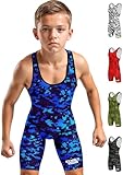 Exxact Sports Digital Camouflage Youth Wrestling Singlet For Boys, Premium Powerlifting Singlet, Kids Wrestling Singlets For Training (YS, Blue Camo)