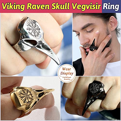 Norse Viking Raven Skull Rings for Men Black Stainless Steel Gothic Crow Thumb Rings Retro Compass Amulet Size 7