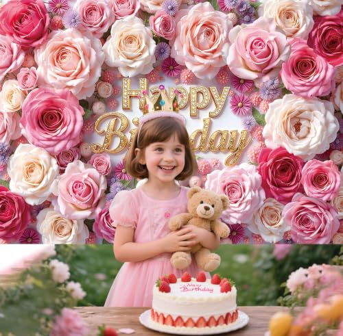 Pink Rose Happy Birthday Backdrop Banner 7x5FT Gold Glitter Floral Wall Photography Background for Women Girls Sweet 18th 21st 30th Birthday Party Decorations Photo Props by PGSWEER - Used condition - Image 4