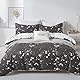 Tospass Floral Bettwäsche 135x200cm Dunkelgrau Anthrazit Blumen Pflanzen Blätter Bettwaren-Sets Mädchen Blumenmuster Bettbezug Mikrofaser Deckenbezug mit Reißverschluss 1 Kissenbezug 80x80cm