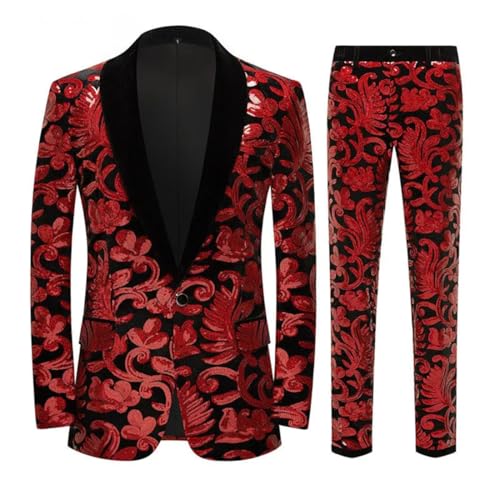 Men Groom Wedding Suits Sequins Fleece Embroidery Blazer Pants Set Banquet Prom Dress Tuxedo Outfit Red M
