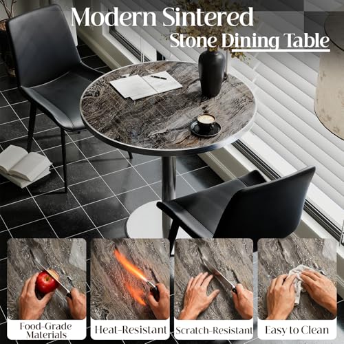 Image of 31.5 inchTulip Table, Sintered Stone Small Round Dining Tables&Metal Edge&Base | Small Modern Circle Dining Table for 2-4 Person ,Bistro Tables for Dining Room /Restaurants /Small Spaces /Starlight Gray