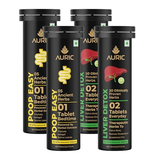 Image of Auric Liver Detox & Poop Easy Effervescent Tablets Combo | 40 Tablets Each | Ayurvedic Liver Cleanse, Gut Health & Constipation Relief | Herbal Detox Drink