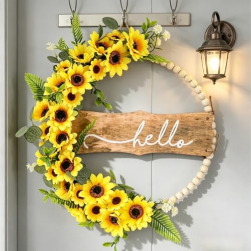 Corona de girasol y eucalipto texturizado con letrero de madera artesanal 5