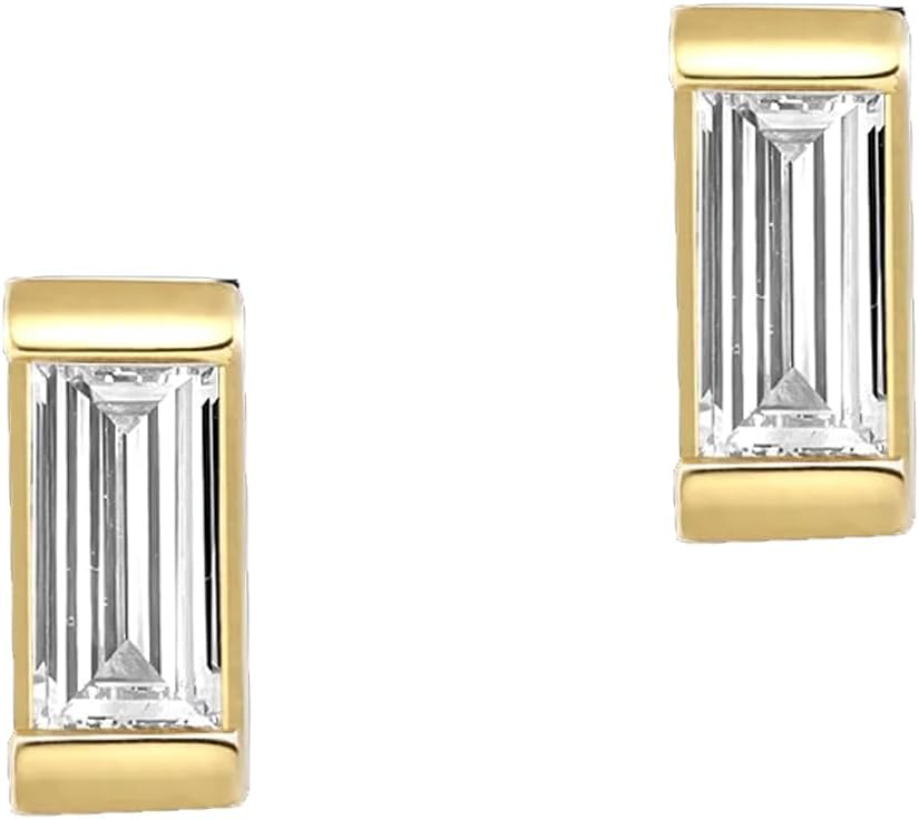 Solid 14K Gold Tiny Baguette Shaped Stud Earring with Cubic Zirconia