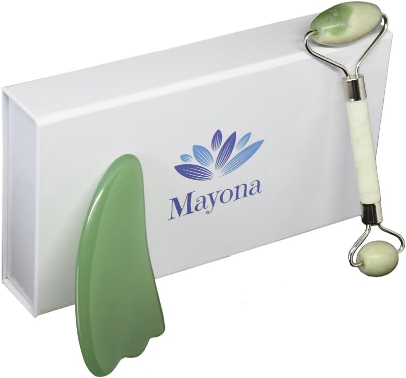 Jade Roller and Gua Sha Scraping Tool - Anti Aging Facial Roller Massager with Real Natural Jade Stone for Face & Neck Slimming - Anti Wrinkle Face Lift Skin Care Tool Reduce Dark Circles & Puffy Eyes