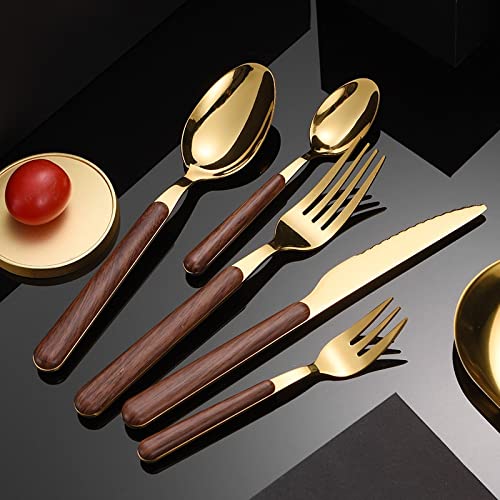 Besteck-Sets 30/20-teiliges Besteck-Set mit Holzgriff, Edelstahl, Gold, Geschirr-Set, Service, Messer, Gabel, Löffel, Holzgeschirr-Sets, Edelstahl (Farbe: Grau) (Schwarz)