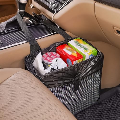 Image of BELOMI Car Foldable Trash Can, Bling Rhinestone Crystal Auto Hanging Waterproof Leakproof Garbage Bin, Vehicle Waste Basket Dustbin, Multipurpose Car Organizer Accessories for SUV Truck RV (Blue)