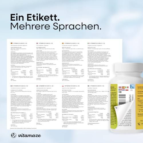 Vitamin D3 K2 5000 IE mit Vitamin K2 MK7 All Trans Form, 2+ Jahre Vorrat, 180 Tabletten Vitamin D ohne unnötige Zusatzstoffe, in Deutschland hergestellt