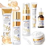 Collagen Skin Care Set, Anti Aging Skincare Set for Face, Shrink Pores, Hydrate & Firm Skin, 6 Pcs Individually Packaged Skincare Kits for Women with Cleanser, Toner, Lotion, Serum, Cream, Eye Cream.