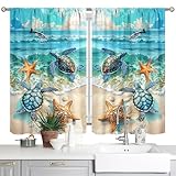 Beach Kitchen Curtains Ocean Sea Turtle Blackout Curtains Summer Short Tier Curtain Cafe Tier Curtains Decor for Living Dining Bathroom Room Seascape Hawaiian Theme 2 Panels Set 26'x 36'
