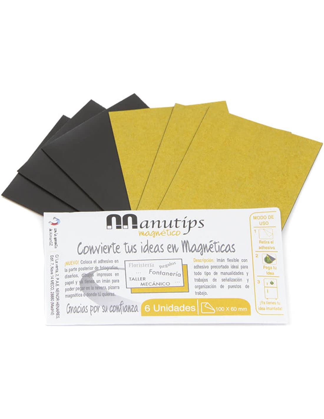 Feuilles d'aimant flexible avec adhésif pour photos et travaux manuels. Manutips rectangulaires de 0,6 mm d'épaisseur et faciles à découper. 6 aimants de 100 x 60 mm
