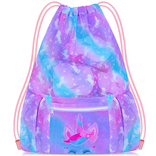 PASHOP Mochila com cordão para crianças, bolsa de praia de malha para natação, bolsa de ginástica grande com cordão para meninas, Azul, rosa, Large, Mochilas Daypack