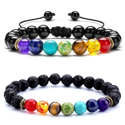 Hamoery Men Women 8Mm Lava Rock 7 Chakras Aromatherapy Essential Oil Diffuser Bracelet Braided Rope Beads Bracelet Set #TOP22