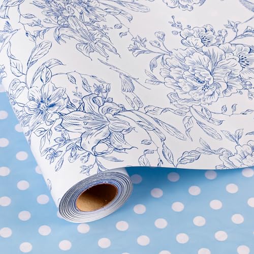 Burymento Blue and White Porcelain Flower Wrapping Paper, Reversible Blue Dot Design Gift Wrap for Baby Shower, Birthday, Valentines, Mothers day, Graduation, Wedding, Fathers day, Christmas (17 Inch X 32.8 Feet)