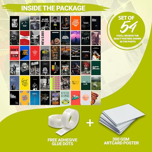 Image of MODERN GALLERY MART Pack of 54 Motivational Wall Collage Kit Posters - 4 x 6 Inches Posters for Wall Decoration - Wall Art For Bedroom, Office, Living room, Dorm room - Glue Dots Included