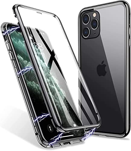 LONYAN Compatible with iPhone 11 Pro Max Case, Magnetic Adsorption Protective Hard Case Front and Back Tempered Glass Full Screen Coverage One-Piece Design Flip Cover (Midnight Green)