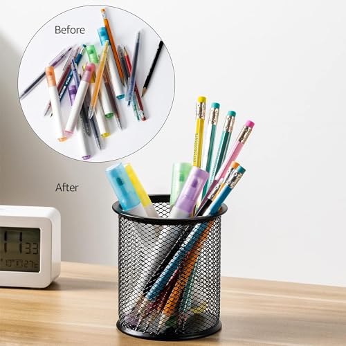 Image of Recluse Black Round Mesh Metal Organizer Office Desk Table Tool Holder,Makeup Brush Holders,Pen, Pencil and Other Stationery Organizer Holder,Daily Things Storage Holder (Pack of 1)