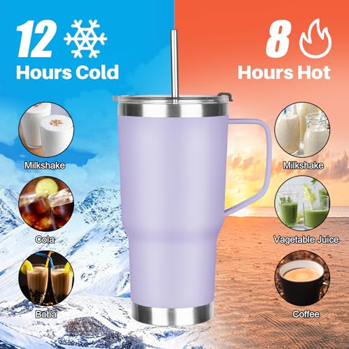Image of 20 oz Tumbler with Handle, Stainless Steel Insulated Tumbler with Lid and Straw, Double Wall Vacuum Coffee Mug Tumbler, Insulated Coffee Thermal Cup for Cold and Hot (Light Purple)