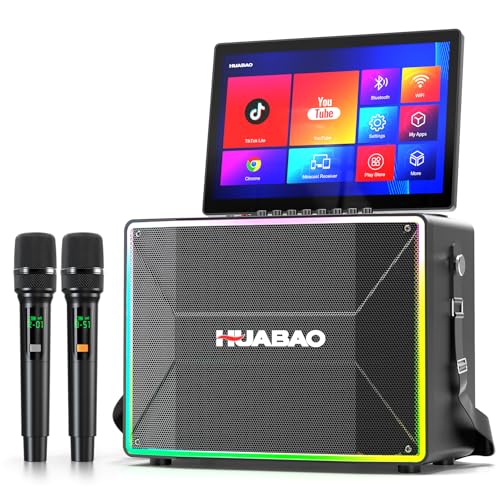 HUABAO Smart Karaoke Machine with 14” Tablet, Screen & Lyrics Display, Professional Karaoke Speaker, 2 Wireless Microphones, Bluetooth PA System, WiFi, HDMI, and LED Lights for Adults