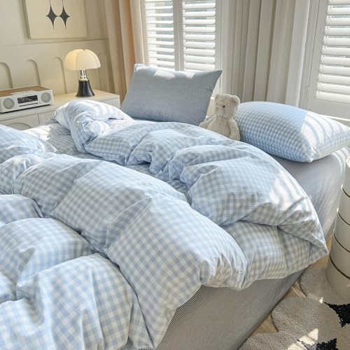 Image of VM VOUGEMARKET Blue White Gingham Duvet Cover Set,Soft Washed Cotton Bedding Set,Minimalist Plaid Bed Set with Pillowcases,Cozy Bedroom & Dorm Decor,King Size