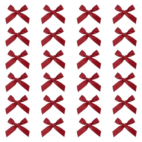 sourcing map 24 Pcs Mini Ribbon Bow 1.8 Inch Mini Small Fabric Satin Ribbon Flower Bows for Craft DIY Cake Sewing Wedding Birthday Party Wrapping Christmas Decoration Burgundy